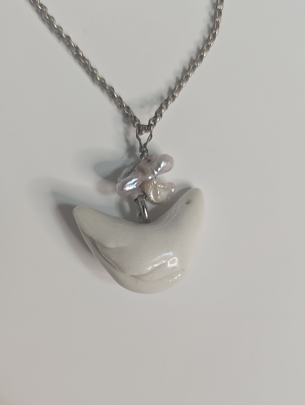 Ceramic White Bird Pendant Necklace with Pearl Accent